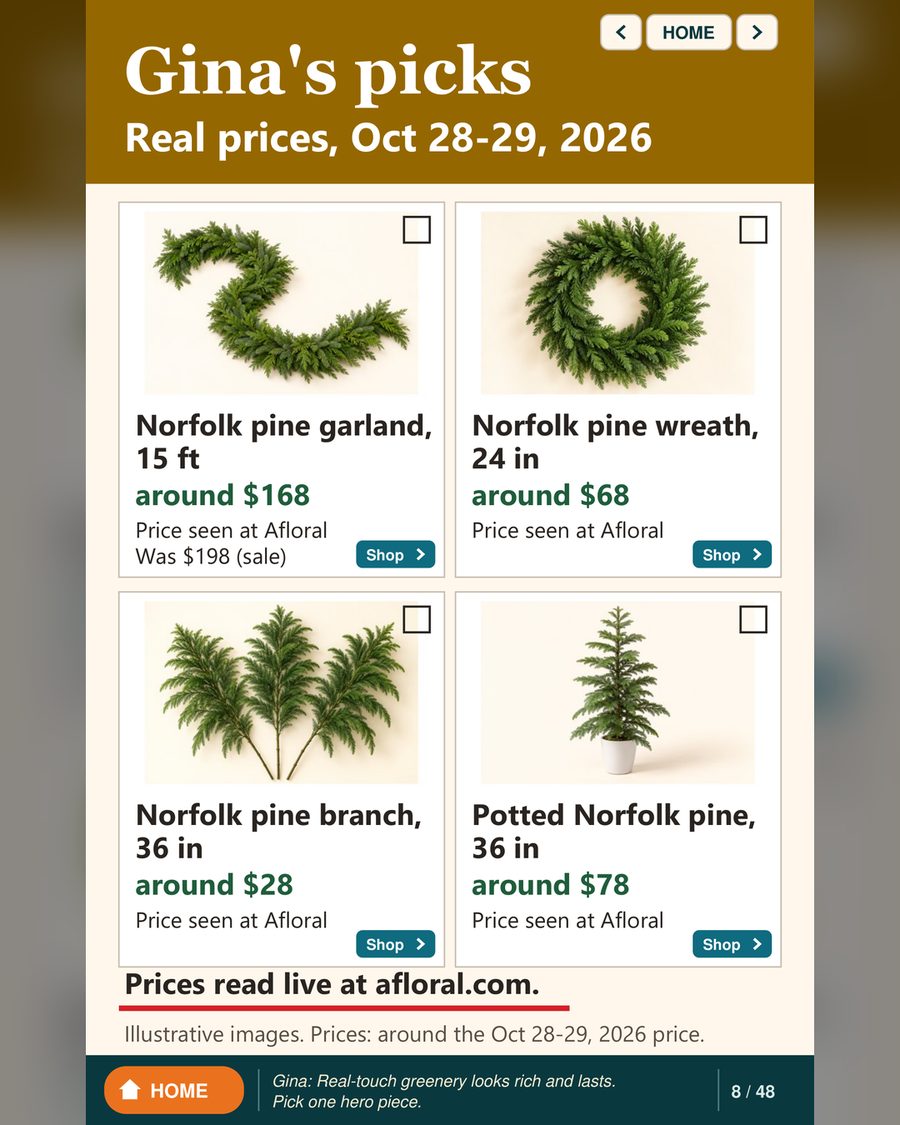 Sample page: Gina's picks with real prices, Oct 28-29, 2026, and Shop buttons